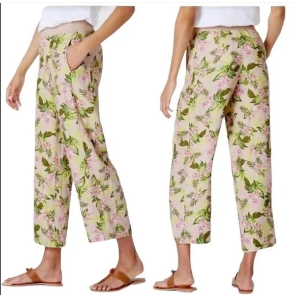 J Jill 100% Linen Pants Size L Flax Orchid Floral Tan Green Wide Leg Crop - Picture 12 of 12